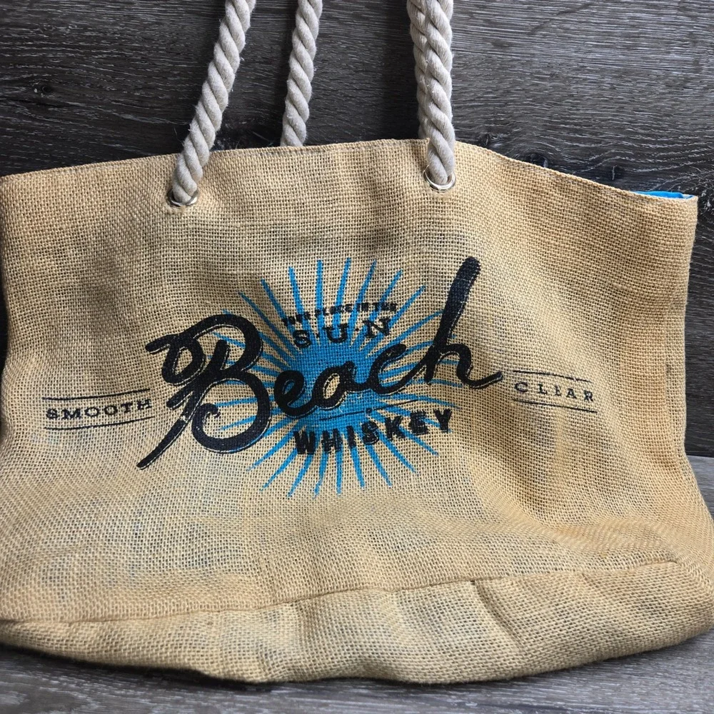 Beach Whiskey Burlap Jute Tote Bag Rope Handles Smooth Clear Sun Promo Bag